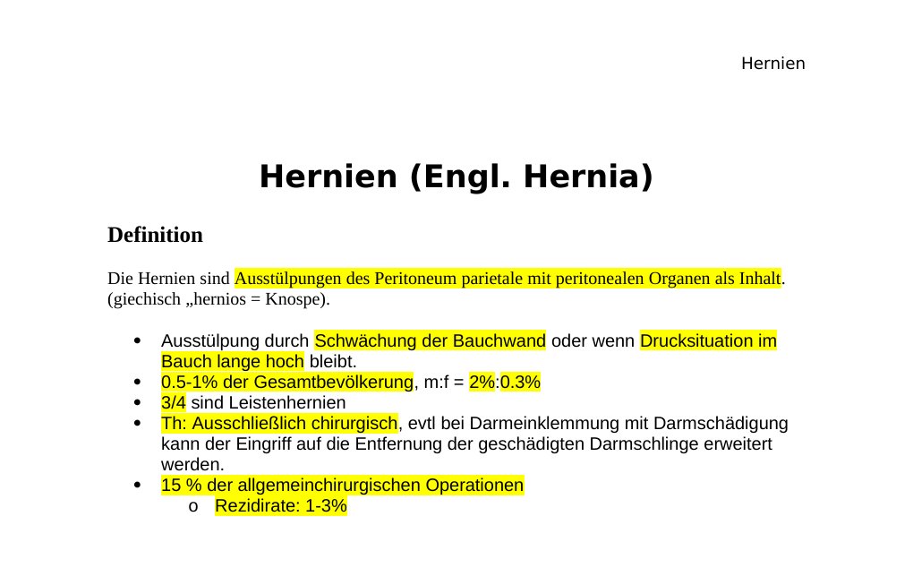 Hernien (Engl. Hernia) DefinitionDie Hernien sind Ausstülpungen des Peritoneum parietale mit peritonealen Organen als Inhalt. (giechisch „hernios = Knospe).Ausstülpung durch Schwächung der Bauchwand oder wenn Drucksituation im Bauch lange hoch bleibt.0.5-1% der Gesamtbevölkerung, m:f = 2%:0.3% 3/4 sind LeistenhernienTh: Ausschließlich chirurgisch, evtl bei Darmeinklemmung mit Darmschädigung kann der Eingriff auf die Entfernung der geschädigten Darmschlinge erweitert werden.…