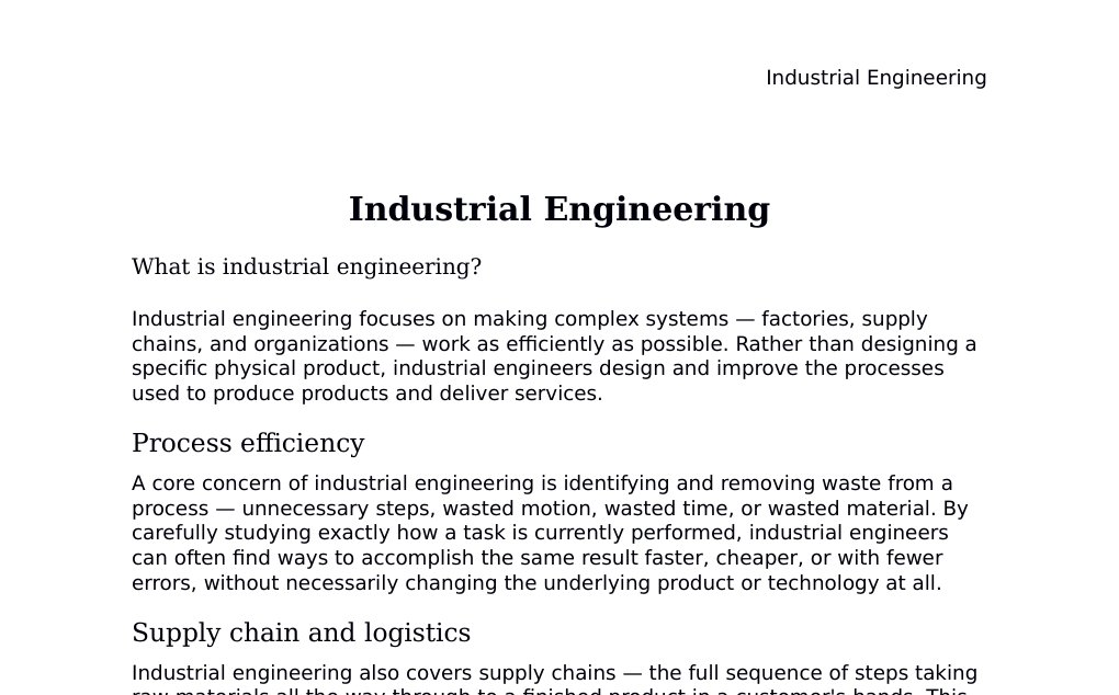 Process efficiency, queuing theory, statistical control, and Ford's assembly lineDr. Dr. med. sci. Abidin GelesCopyright - All Rights Reserved: This document and all content on this website may not be published, reproduced, or distributed without the written permission of the author, Dr. Dr. med. sci. Abidin Geles.www.medwissen.ch abidin.geles@gmail.com Industrial Engineering What is industrial engineering?Industrial engineering focuses on making complex systems — factories, supply chains, and organizations — work as efficiently as possible. Rather than designing a specific physical product, industrial engineers design and improve the processes used to produce products and deliver services.…