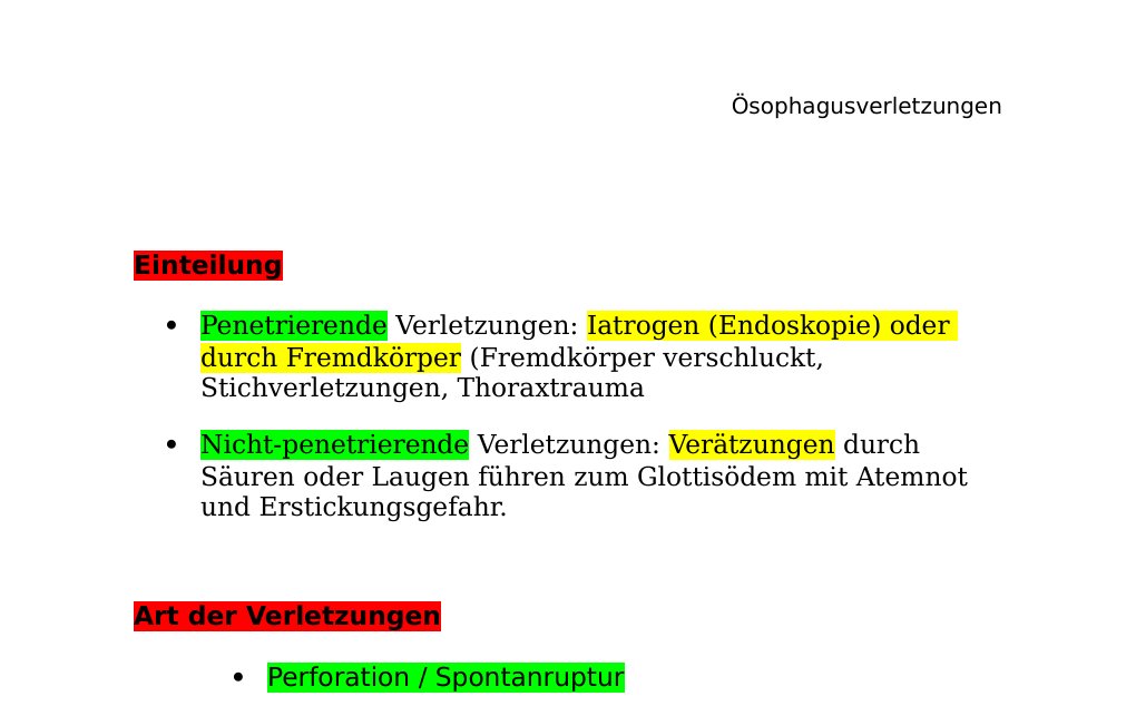 EinteilungPenetrierende Verletzungen: Iatrogen (Endoskopie) oder durch Fremdkörper (Fremdkörper verschluckt, Stichverletzungen, ThoraxtraumaNicht-penetrierende Verletzungen: Verätzungen durch Säuren oder Laugen führen zum Glottisödem mit Atemnot und Erstickungsgefahr.Art der Verletzungen Perforation / Spontanruptur Schleimhautriss Verätzungen Symptome Hämatemesis Dysphagie Dyspnoe Fieber Pneumothorax Diagnose Schluckakt- Röntgen Ösophagogastroskopie Therapie Kleinere Verletzungen konservativ: Nahrungskarenz i.v. Ernährung Antibiose Drainage in Wundgebiet.…