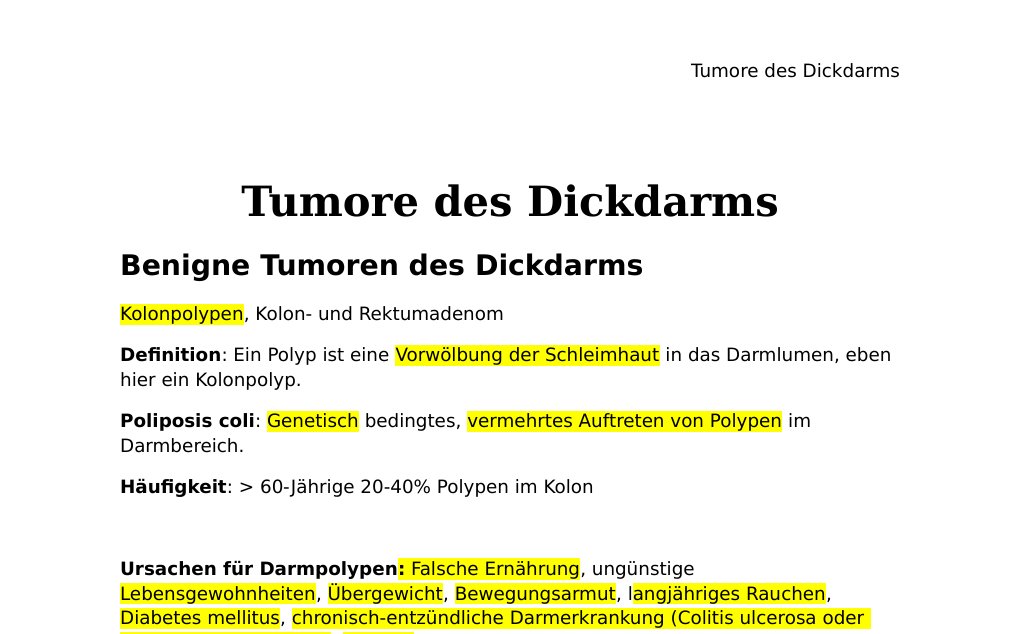 Tumore des Dickdarms Benigne Tumoren des Dickdarms Kolonpolypen, Kolon- und RektumadenomDefinition: Ein Polyp ist eine Vorwölbung der Schleimhaut in das Darmlumen, eben hier ein Kolonpolyp.Poliposis coli: Genetisch bedingtes, vermehrtes Auftreten von Polypen im Darmbereich.Häufigkeit: > 60-Jährige 20-40% Polypen im KolonUrsachen für Darmpolypen: Falsche Ernährung, ungünstige Lebensgewohnheiten, Übergewicht, Bewegungsarmut, langjähriges Rauchen, Diabetes mellitus, chronisch-entzündliche Darmerkrankung (Colitis ulcerosa oder Morbus Crohn bedingt), Genetik.…