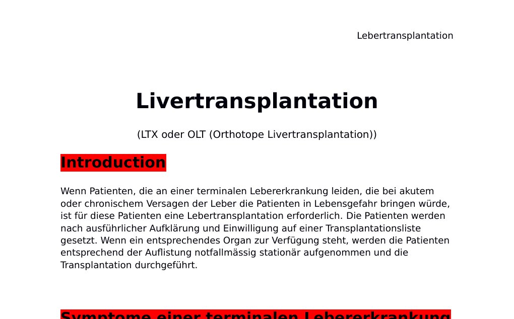Livertransplantation (LTX oder OLT (Orthotope Livertransplantation)) IntroductionWenn Patienten, die an einer terminalen Lebererkrankung leiden, die bei akutem oder chronischem Versagen der Leber die Patienten in Lebensgefahr bringen würde, ist für diese Patienten eine Lebertransplantation erforderlich. Die Patienten werden nach ausführlicher Aufklärung und Einwilligung auf einer Transplantationsliste gesetzt. Wenn ein entsprechendes Organ zur Verfügung steht, werden die Patienten entsprechend der Auflistung notfallmässig stationär aufgenommen und die Transplantation durchgeführt.…