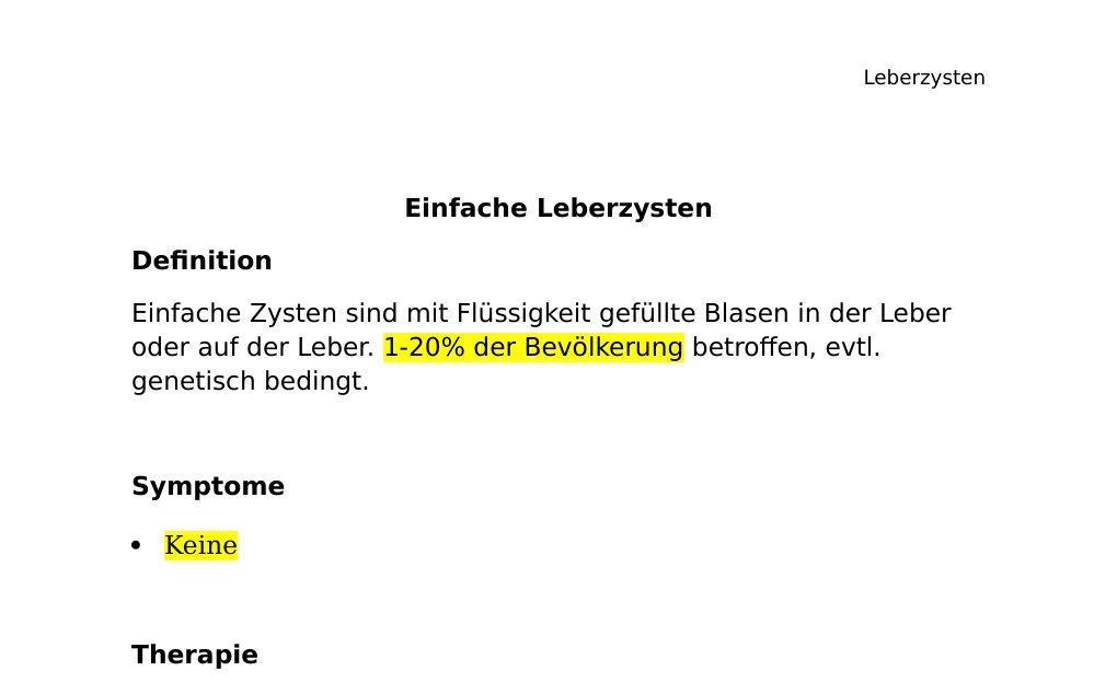 Einfache Leberzysten DefinitionEinfache Zysten sind mit Flüssigkeit gefüllte Blasen in der Leber oder auf der Leber. 1-20% der Bevölkerung betroffen, evtl. genetisch bedingt.Symptome Keine Therapie Keine Bei Beschwerden laparoskopische Resektion. Echinokokkuszyste (Engl. echinococcus cyst) DefinitionEchinokokkuszyste ist eine Zyste in der Leber, die aufgrund einer Infektion mit dem Hunde- oder Fuchsbandwurm sich gebildet hat. Eine mit Flüssigkeit gefüllte Hohlraum mit einer inneren Gewebeschicht (Epithel) wird als Zyste bezeichnet. Die Echinokokkuszyten können auch in der Lunge vorkommen mit Husten, Thoraxschmerzen und Hämoptysen.…