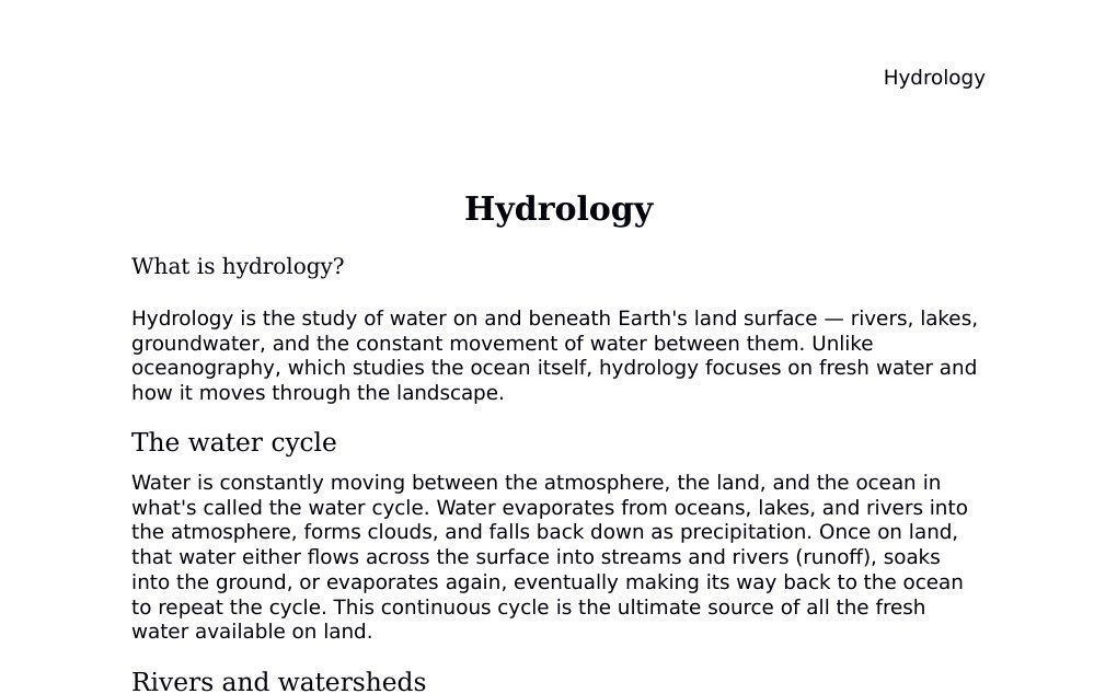 The water cycle, groundwater, aquifers, and flood frequency Dr. Dr. med. sci. Abidin GelesCopyright - All Rights Reserved: This document and all content on this website may not be published, reproduced, or distributed without the written permission of the author, Dr. Dr. med. sci. Abidin Geles.www.medwissen.ch abidin.geles@gmail.com Hydrology What is hydrology?Hydrology is the study of water on and beneath Earth's land surface — rivers, lakes, groundwater, and the constant movement of water between them. Unlike oceanography, which studies the ocean itself, hydrology focuses on fresh water and how it moves through the landscape.…